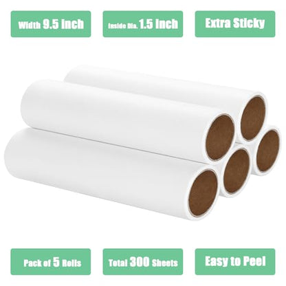 9.5 inch Lint Roller Refills Only, Fit for 9.4/9.45/9.5 inch Large Lint Rollers for Floor Carpet Couch, Extra Sticky Pet Hair Lint Roller Refill 5 Pack, Total 300 Sheets (9.5'' Wide) - size: 9.5'' Wide (Pack of 5, Total 300 Sheets)