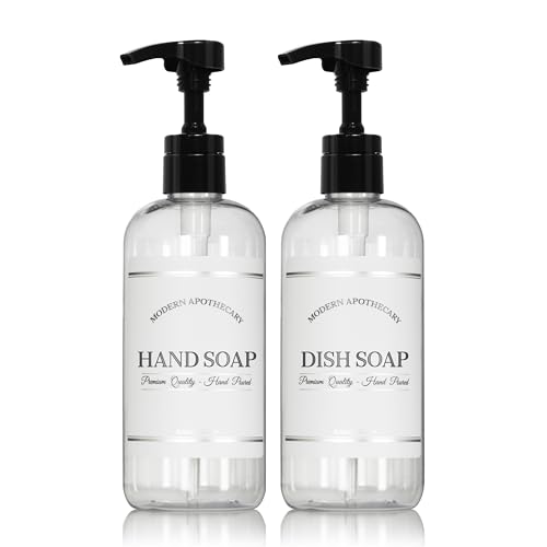 Clear Refillable Hand and Dish Soap Dispenser Set with Pumps for Kitchen Sink - PET Plastic Soap Bottles Refillable with Pump - Waterproof Labels - 16 oz, 2 Pack - color: 4ccblkplastic Pump