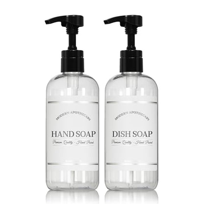 Clear Refillable Hand and Dish Soap Dispenser Set with Pumps for Kitchen Sink - PET Plastic Soap Bottles Refillable with Pump - Waterproof Labels - 16 oz, 2 Pack - color: 4ccblkplastic Pump