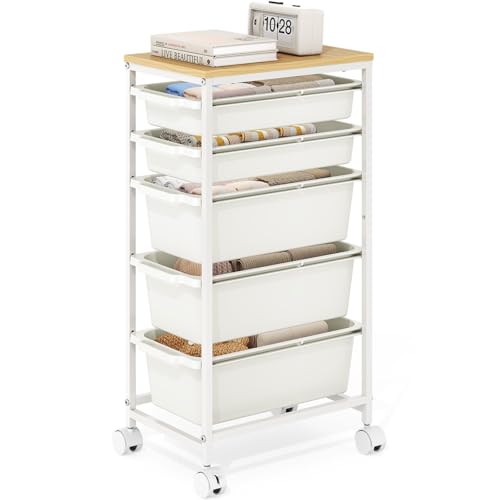 Slim Rolling Storage Cart with 5 Drawers, Craft Organizer, Wooden Tabletop Utility Cart for Bedroom, Children's Room and Office Organization, Table Side Trolley with Lockable Wheels, White - color: White, size: 5-Tier
