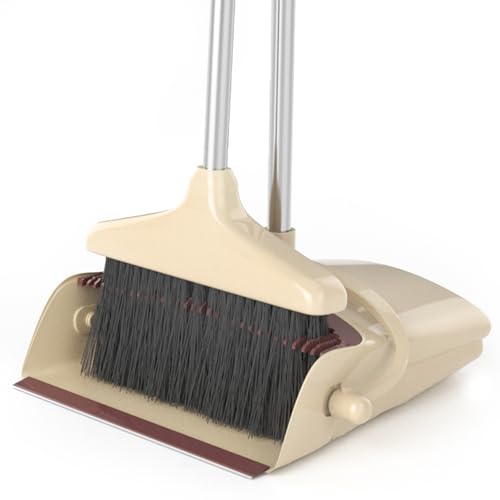 Broom and Dustpan Combo Set with Long Handle (54” L) Angle Broom Dust Pan for Home Kitchen Indoor Cleaning (Brown and Beige) - color: Brown and Grey