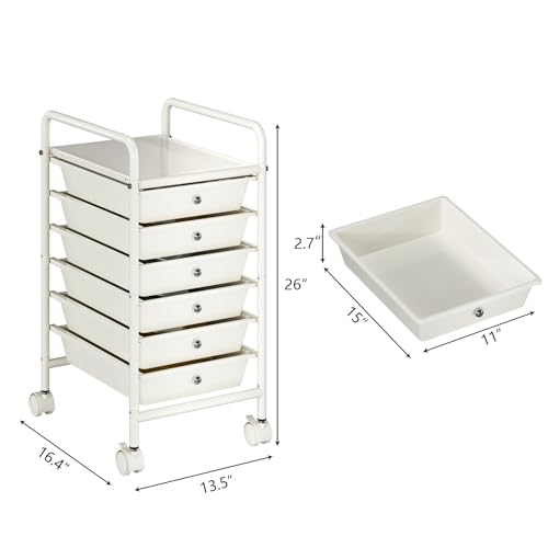 6-Tier Utility Cart with 6 Drawers, Rolling Utility Cart with 2 Lockable Caster Wheels, Multipurpose Mobile Rolling Drawer Cart for Office Bathroom Kitchen, Ivory White - size: White, 6-Tier