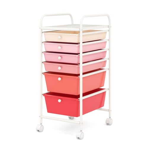 COSTWAY 6-Drawer Rolling Storage Cart, Multifunctional Art Craft Tools Organizer on Wheels, Heavy Duty Utility Mobile Storage Trolley w/ 2 Lockable Wheels for Home Office School, Mixed Pink - color: Mixed Pink, size: 6 Drawer