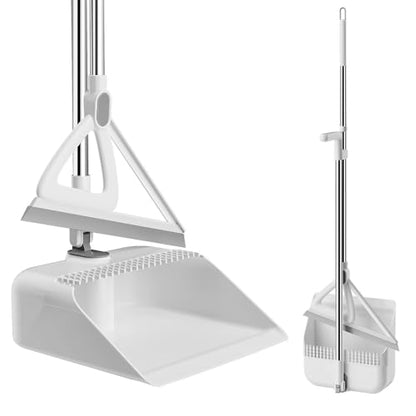 Household Broom with Dustpan, Squeegee Broom for Floor, Aluminum Handle for Floor, Glass, and Tile (White M1)