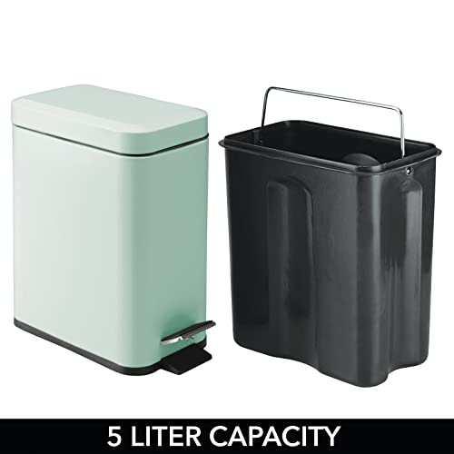 mDesign Small Modern 1.3 Gallon Rectangle Metal Lidded Step Trash Can, Compact Garbage Bin with Removable Liner Bucket and Handle for Bathroom, Kitchen, Craft Room, Office, Garage - Light Mint Green - color: Light Mint Green, size: 1.3 Gallon