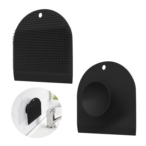 2 Pack Silicone Sink Cleaning Brush with Squeegee, Flexible Non-Scratch Dish Scrubber for Kitchen and Bathroom Sink, Countertop & Dishwashing, Suction Cup Hanging Design (Black) - color: Black