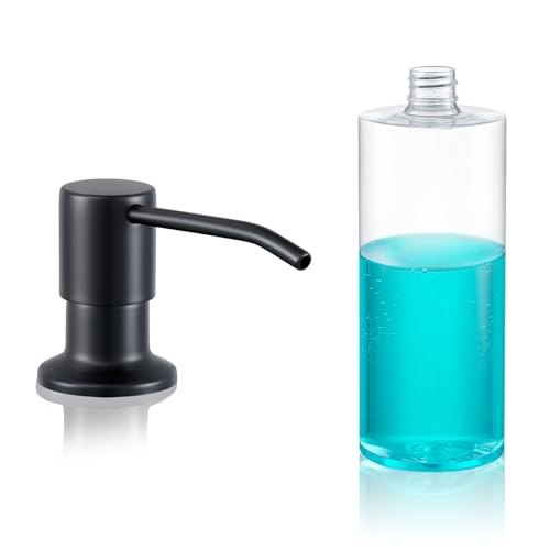 Built in Soap Dispenser for Kitchen Sink Countertop, Matte Black Stainless Steel Soap Dispenser Pump Head Refill from the Top with 11 Ounce Transparent Soap Bottle - color: Black