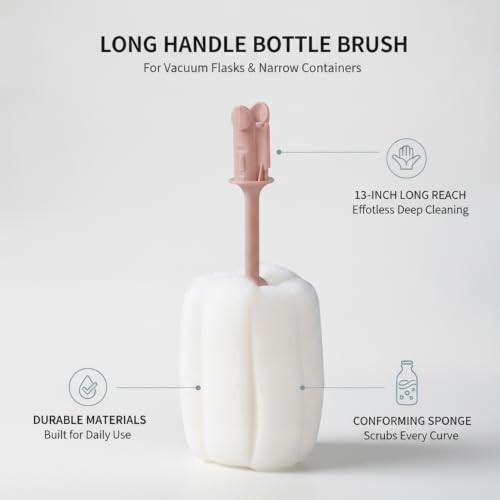 Long Handle Bottle Brush with Sponge Head, 13 Inch Cleaning Tool for Vacuum Flask and Narrow Neck Containers (1 PC) - color: Pink