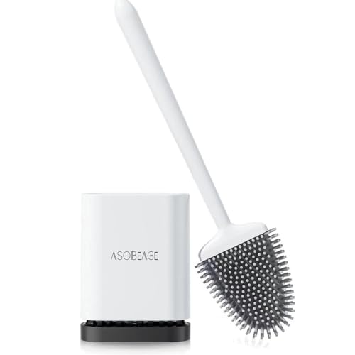 Deep Cleaner Toilet Brush: Silicone Toilet Brush with No-Slip Long Plastic Handle and Flexible Bristles, Quick Drying Holder Set for Toilet（White）