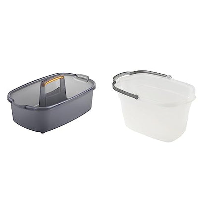 Casabella Plastic Multipurpose Cleaning Storage Caddy with Handle, 1.85 Gallon, Gray and Orange & Plastic Rectangular Cleaning Bucket with Handle, Clear, 4 Gallon