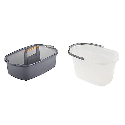 Casabella Plastic Multipurpose Cleaning Storage Caddy with Handle, 1.85 Gallon, Gray and Orange & Plastic Rectangular Cleaning Bucket with Handle, Clear, 4 Gallon