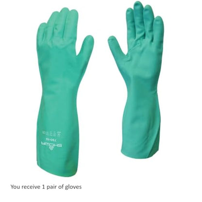 SHOWA 730 Chemical Resistant Gloves, 15-mil Nitrile with Cotton Flock Liner, 13-inch Extended Gauntlet, Bisque Grip, CE Cat III & Food Safe, Green, X-Large, 1 Pair - size: X-Large, style: Single Pair
