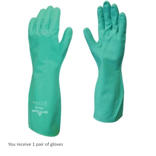 SHOWA 730 Chemical Resistant Gloves, 15-mil Nitrile with Cotton Flock Liner, 13-inch Extended Gauntlet, Bisque Grip, CE Cat III & Food Safe, Green, Small, 1 Pair - size: Small, style: Single Pair
