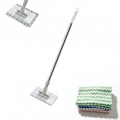 Mini Mop, Touch-Free Cloth Release Hands-Free Multi-Purpose Flat Mop with One-Click Press Lock, Use Thin Wipes or Soft Cloths, 39 in. Handle, Wet or Dry Tool for Small Spaces, 5 Cloths