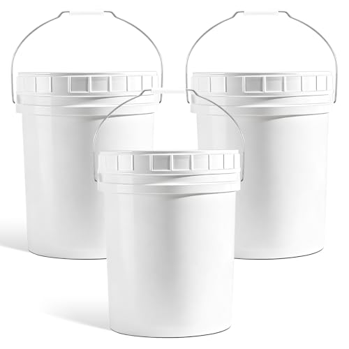 DEMORA 5 Gallon Bucket with Screw Lid, Heavy Duty Plastic Buckets Containers for Food Storage, Plastic Pail with Metal Handle for Water, Cleaning, Car Wash, Paint, Gardening, BPA Free (White, 3 Pack) - color: White, size: 5 Gallon