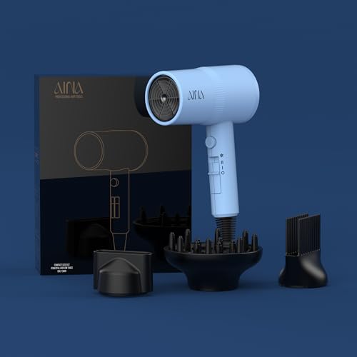 AINA Hair Dryer with Diffuser, Comb | Blow Dryer for Women Compact Travel Professional Ionic Blow Dry | Cold Shot Button 110V/ALCI (Baby Blue) - color: Baby Blue, size: 4 Piece