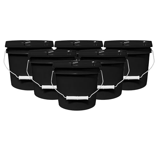 MKS Plastics 1-Gallon Bucket with Airtight Lid – Made in USA, Food Grade BPA Free Plastic, Heavy Duty Multi-Use, Metal Handle with Grip, Stackable Storage – Black, 6 Pack - color: 1 Gallon - Black, size: 6