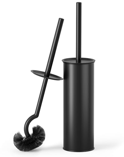 Cesun Toilet Brush and Holder Set, Curved Toilet Bowl Brush for Under Rim Cleaning, 304 Stainless Steel Holder, Weighted Base, Long Handle Toilet Scrubber, 2 Brush Heads, Black - color: Black