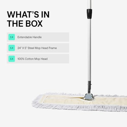 24 in. Floor Sweeper, Dust Mop for Hardwood, Reusable Cotton Mop Head, Extendable Handle, Dry Mop for Floor Cleaning & Janitorial Supplies - size: 24x5 Inch (Pack of 1)