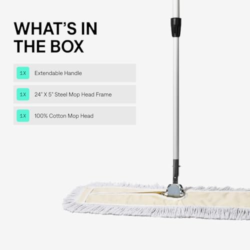 24 in. Floor Sweeper, Dust Mop for Hardwood, Reusable Cotton Mop Head, Extendable Handle, Dry Mop for Floor Cleaning & Janitorial Supplies - size: 24x5 Inch (Pack of 1)