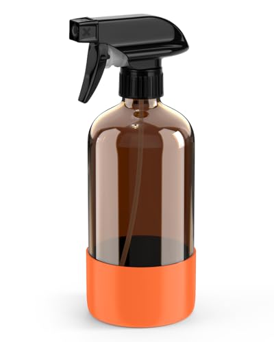 Bontip Amber Glass Spray Bottle with Silicone Sleeve Protection, 16 oz Refillable Spray Bottles for Cleaning Solutions, Plants, Aromatherapy, Facial Hydration (1, Orange, 16 oz) - color: Orange, size: 16 Ounces