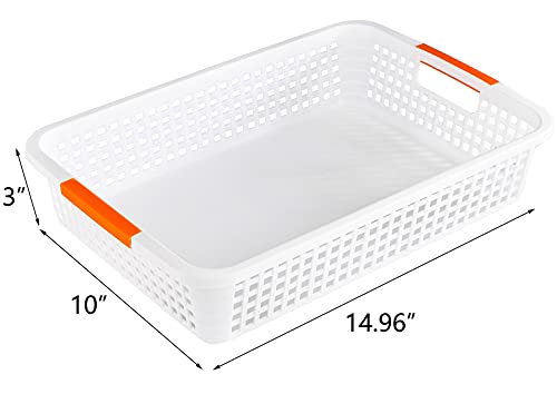 Lawei 8 Pack Large Plastic Storage Basket with Handle - 15 x 10 x 3 Inch Pantry Organizer Basket Bins Desktop Paper Storage Basket for Organization, Countertops, Cabinets, Bedrooms, Bathrooms