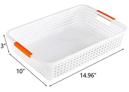Lawei 8 Pack Large Plastic Storage Basket with Handle - 15 x 10 x 3 Inch Pantry Organizer Basket Bins Desktop Paper Storage Basket for Organization, Countertops, Cabinets, Bedrooms, Bathrooms