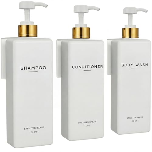 Luxury Shampoo and Conditioner Dispenser Set Wall Mounted by Brighter Barns - Refillable Shampoo Conditioner Body Wash Bottles - Wall Mounted Shower Dispenser for White and Gold Bathroom (White/Gold) - color: White/Gold