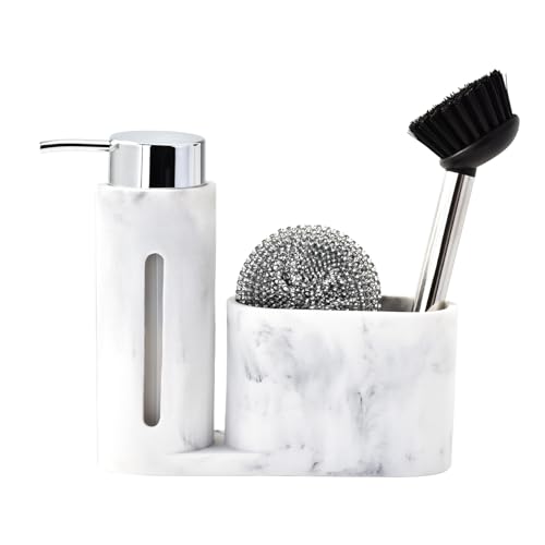 Soap Dispenser with Sponge Holder, Kitchen Soap Dispenser Pump, Sponge Caddy and Brush Holder 3 in 1 Set Organizer for Sink Countertop, Rustproof（White） - color: White