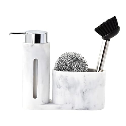 Soap Dispenser with Sponge Holder, Kitchen Soap Dispenser Pump, Sponge Caddy and Brush Holder 3 in 1 Set Organizer for Sink Countertop, Rustproof（White） - color: White