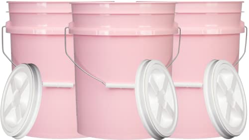 House Naturals 5 Gallon Pink Food Grade Plastic Storage Bucket with Lid Cover (Pack of 3) Made in USA (with White Screw On Air Tight Lids) - color: With White Air Tight Screw on Lids