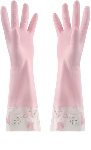 M Size Fleece Lined Cleaning Gloves, Waterproof PVC Household Gloves for Kitchen Dishwashing