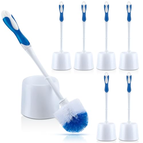 Tioncy 6 Pack Toilet Brush with Holder, 14.96 Inch Toilet Bowl Brush Set, Stiff Bristles Scrubber for Deep Cleaning, Base Caddy, Bathroom Cleaning Supplies (Blue,White) - color: White and Blue