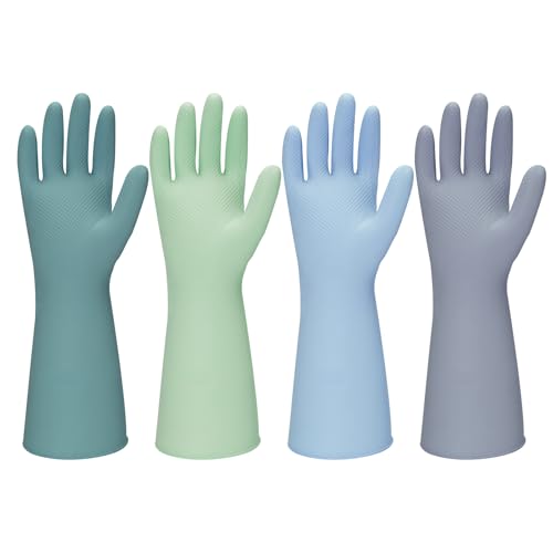 Rubber Kitchen Dishwashing Gloves - 4 Pairs Colorful Reusable Household Cleaning Gloves For Washing Dishes And Cleaning Tasks，Flexible And Durable Waterproof (Small, Dark Green+Blue+Green+Gray) - color: 4 Color, size: Small