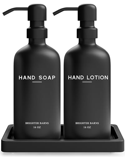 Black Glass Soap and Lotion Dispenser Set with Tray by Brighter Barns - Hand Soap Dispenser Bathroom Set & Stainless Steel Pump for Home - Modern Bathroom Accessories, Modern Decor (Black) - color: Black Sl