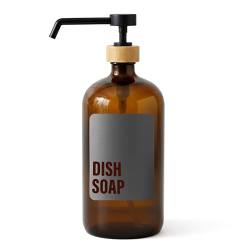 SAVVY & SORTED Amber Glass Dish Soap Dispenser for Kitchen Sink 1 Liter, Large Kitchen Soap Dispenser Set with Permanent Label, Refillable Glass Bottle for Dish Washing Liquid, 34 Fl Oz - color: Amber - Dish Soap 1 Ltr
