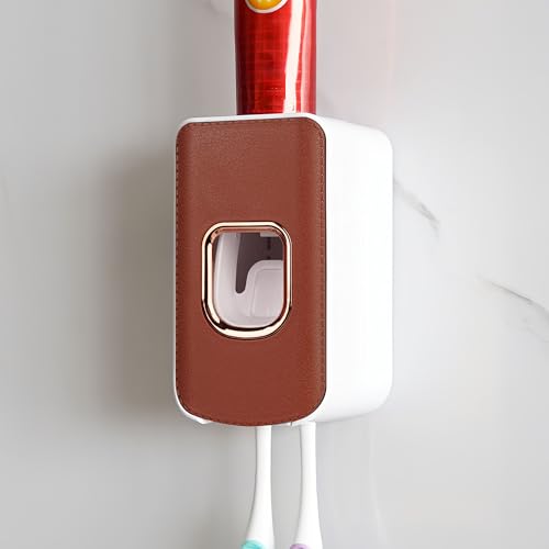 2 Slot Plastic Toothbrush Holder and Toothpaste Dispenser Wall Mounted, Automatic Toothpaste Squeezer, 2 in 1 Tooth Brush Toothpaste Organizer for Shower (Brown) - color: Brown - Type B, size: 1