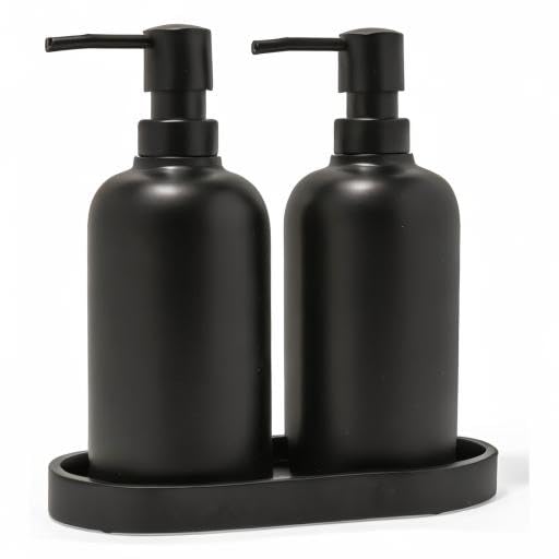 Matte Black Round Soap Dispenser Set with Tray for Kitchen, Countertop & Bathroom – 2 Pack 15 oz Refillable Resin Pump Bottle for Dish Soap, Hand Soap, Shampoo, Conditioner – Non-Slip Protective Pads - color: Black, style: Round Soap Dispenser Set with Tr