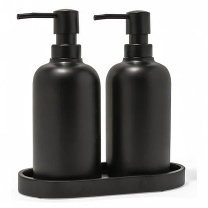Matte Black Round Soap Dispenser Set with Tray for Kitchen, Countertop & Bathroom – 2 Pack 15 oz Refillable Resin Pump Bottle for Dish Soap, Hand Soap, Shampoo, Conditioner – Non-Slip Protective Pads - color: Black, style: Round Soap Dispenser Set with Tr