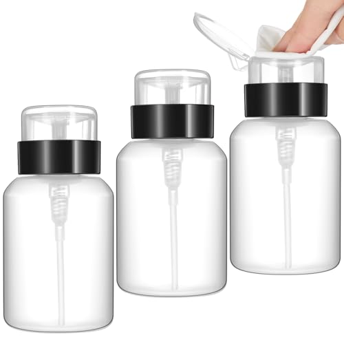 Layhit 3 Pack 6.8 oz (200ml) Push Down Lockable Pump Dispenser Bottle with Stickers, Alcohol Push Down Empty Refillable Container for Nail Polish Remover, Alcohol & Makeup Remover (Black Top Cap) - color: Black Top Cap