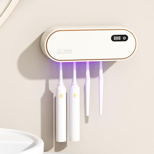 Toothbrush Holder Wall Mounted, Cleaning Box with Smart Drying and Cleaning, Toothbrush Holder with 4 Toothbrush Slots, Toothbrush Organizer for Bathroom (Beige - 4 Slots) - color: Beige - 4 Slots