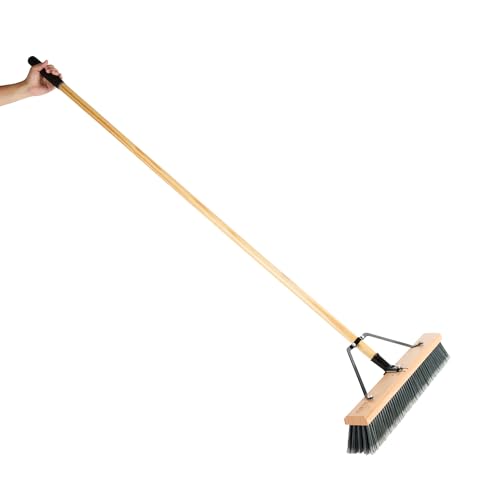 Restaurantware-Clean Tek Professional 24 Inch Push Broom, 1 Heavy-Duty Broom with 60” Handle - Medium Plastic Bristles, Durable, Wooden, Commercial Use, for Deck, Driveway, Garage, Yard, Patio