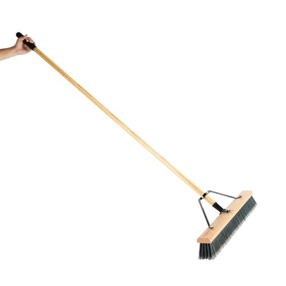 Restaurantware-Clean Tek Professional 24 Inch Push Broom, 1 Heavy-Duty Broom with 60” Handle - Medium Plastic Bristles, Durable, Wooden, Commercial Use, for Deck, Driveway, Garage, Yard, Patio