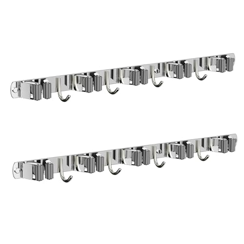 CUXIXA 2 Pack Mop and Broom Holder Wall Mount, Non-slip Broom Hanger Wall Mount, Heavy Duty Mop Broom Organizer for Kitchen Garden Garage Laundry Room Wall Decor Organization and Storage Silver 5R4H - color: Silver, size: 2 Pack 5 Racks with 4 Hooks