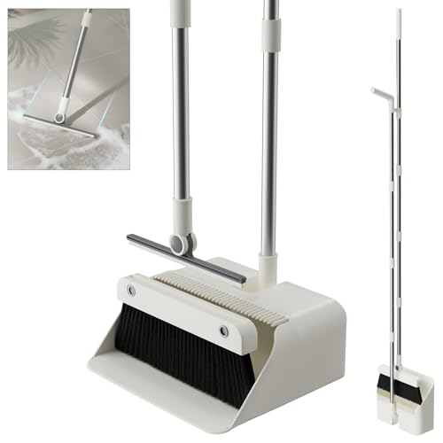 Magic Broom and Dustpan Set with Silicone Broom Squeegee, 55'' Broom with Dustpan Combo Set Self-Cleaning Teeth Design Upright Standing Dustpan for Indoor Floor Home Kitchen - color: Set (No) Cloth