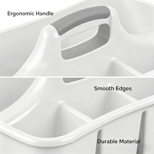 5 Gal Large Cleaning Caddy with Handle, White Plastic Cleaning Supplies Organizer with Compartments, Portable Shower Caddy for Dorm and Bathroom, Heavy Duty Utility Tote for Housekeeping