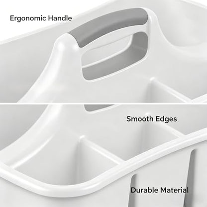 5 Gal Large Cleaning Caddy with Handle, White Plastic Cleaning Supplies Organizer with Compartments, Portable Shower Caddy for Dorm and Bathroom, Heavy Duty Utility Tote for Housekeeping