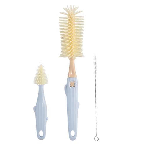 Baby Bottle Brush Set 3-in-1, Silicone Bottle Brush with Wall Mount Holder, 11" Long Handle Bottle Brush + Nipple Brush + Straw Brush Cleaner for Baby Bottles, Cups, Straws – BPA Free (Blue) - color: Blue