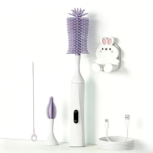 Rechargeable Electric Bottle Brush with 2 Speeds Powerful Automatic Bottle Cleaner,BPA-Free Silicone Spinning Design, Wall Mount & Straw Cleaner,Suitable for Baby Bottles & Kitchen (White+Purple) - color: White+purple