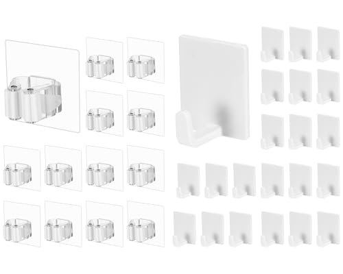 Teenyyou 36 Pcs White Wall Hook Set,Include 24pcs Hanging Hook,12pcs Broom and Mop Holder Wall Mounted for Bathroom,Kitchen,Office,Outdoor and Indoor Tool Organizer